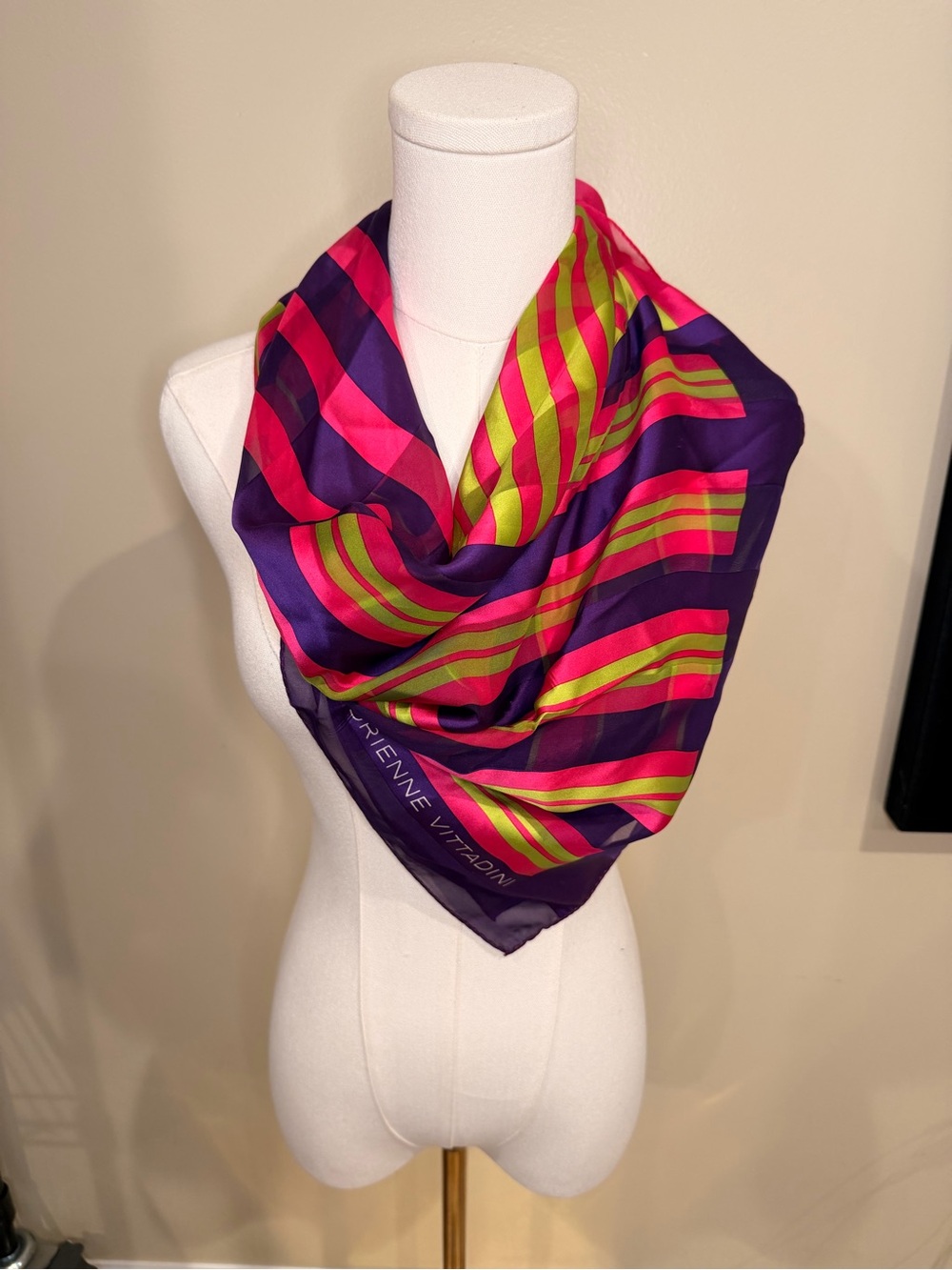 Vintage Adrienne Vittadini Purple Pink Green Striped Silk Wrap